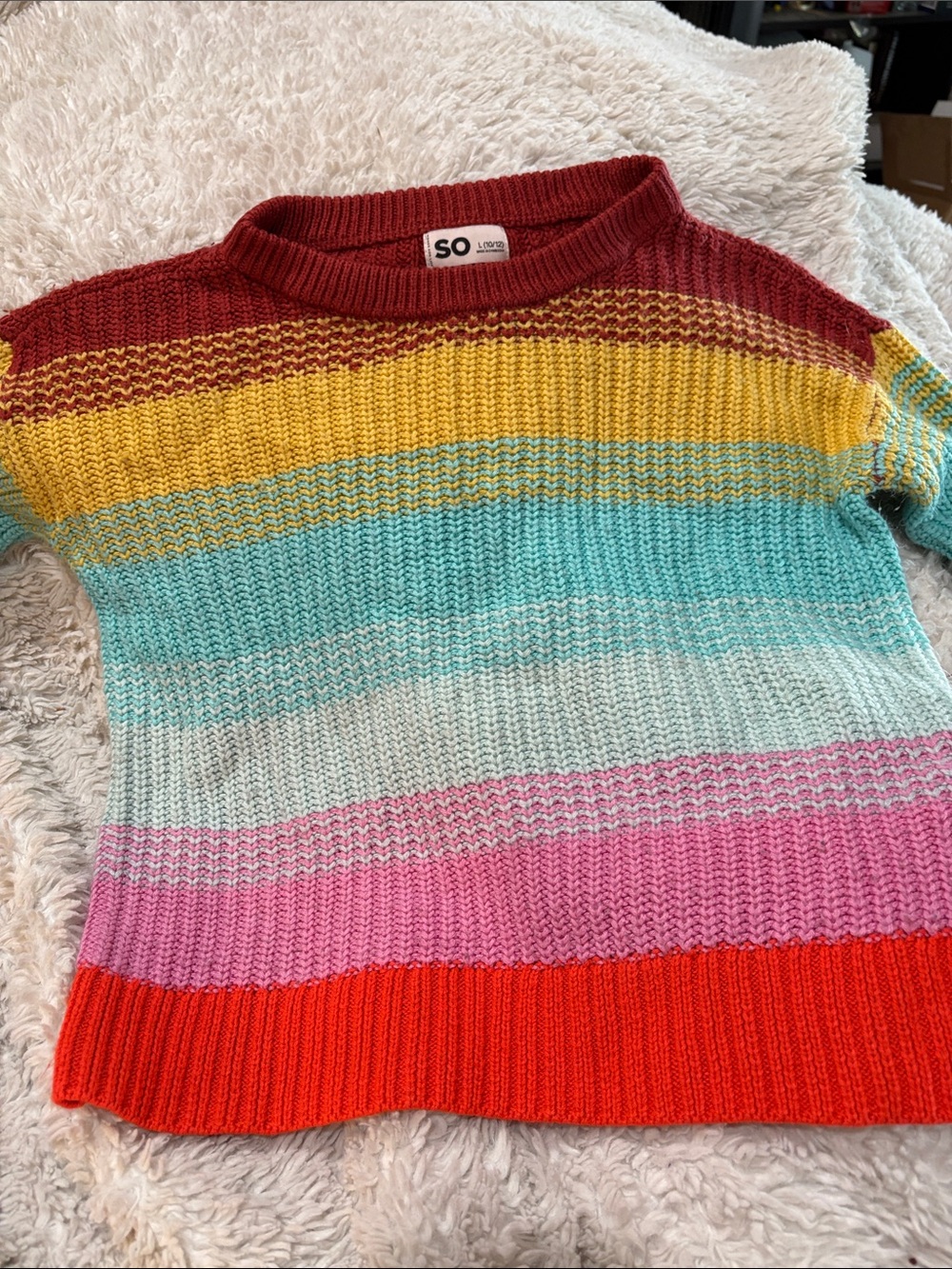SO Striped Scoop-Neck Knit Sweater — Red, Yellow, Teal, Light Blue, Pink, Orange
